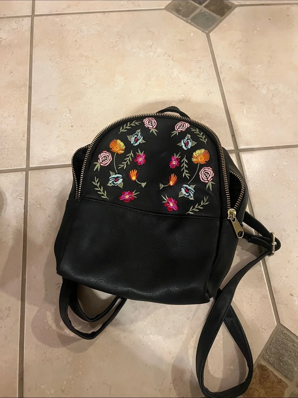 art class Black Mini Backpack with Multicolor Floral Embroidery